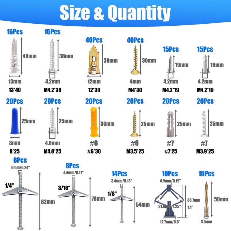 Bemaka 336Pcs Toggle Bolts Heavy Duty Drywall Anchors and Screws Assortment Kit, 11 Sizes Metal & Plastic Wall Anchors Kit with Screw, Wall Hanging Kit for Art Decor Shelves Picture Mirror Curtain - Image 2